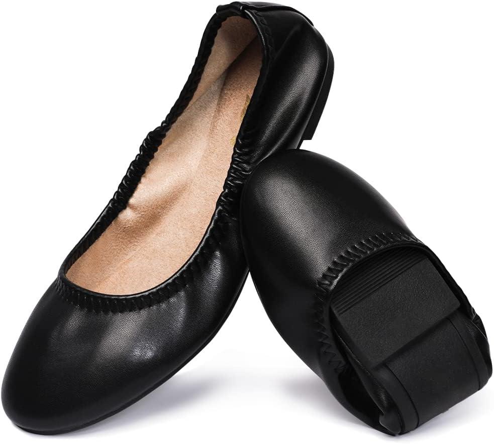 LM Women's Ballet Flats Round Toe Slip On Flats Shoes Casual Dress Shoes Foldable Portable Travel Ballet Flat, Black, Size 6