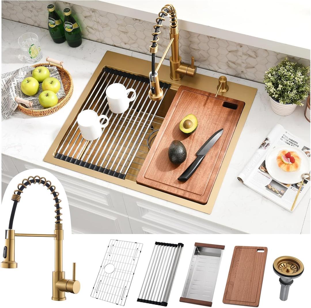 25x22 Gold Drop In Kitchen Sink with Faucet - 25 Inch Stainless Steel Drop In Sink and Faucet Combo, Gold Single Bowl Kitchen Sink Workstation with Accessories
