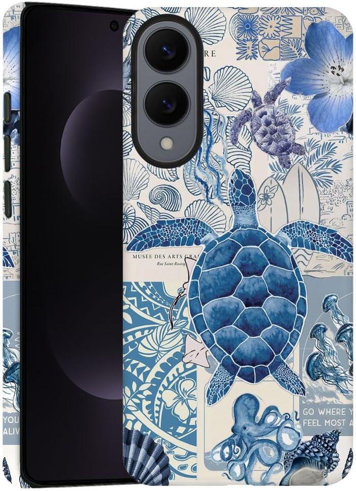 Compatible with Samsung Galaxy S25 Edge,Frosted Dual-Layer Protection with Phone Case Cover - Retro Ocean Turtle Collage