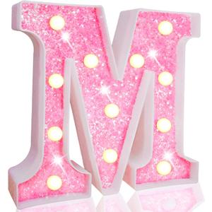 Pooqla LED Marquee Letter Lights, Light Up Pink Letters Glitter Alphabet Letter Sign Battery Powered for Night Light Birthday Party Wedding Girls Gifts Home Bar Christmas Decoration, Pink M
