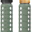 MUKOKO 32oz Glass Water Bottles with 2 Lids-Handle Spout Lid&Bamboo Straw Lid, Motivational Water Tumbler with Time Marker Reminder and Silicone Sleeve, Leakproof-Olive-1 Pack