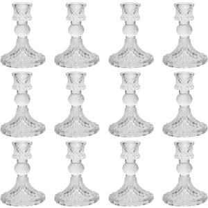 Glass Taper Candle Holders,12 Pcs Clear Candlestick Holders,4''H Tall Glass Tapered Candle Stick Holders in Bulk for Wedding Festival Party Decor,Table Centerpieces (Dimond Pattern)