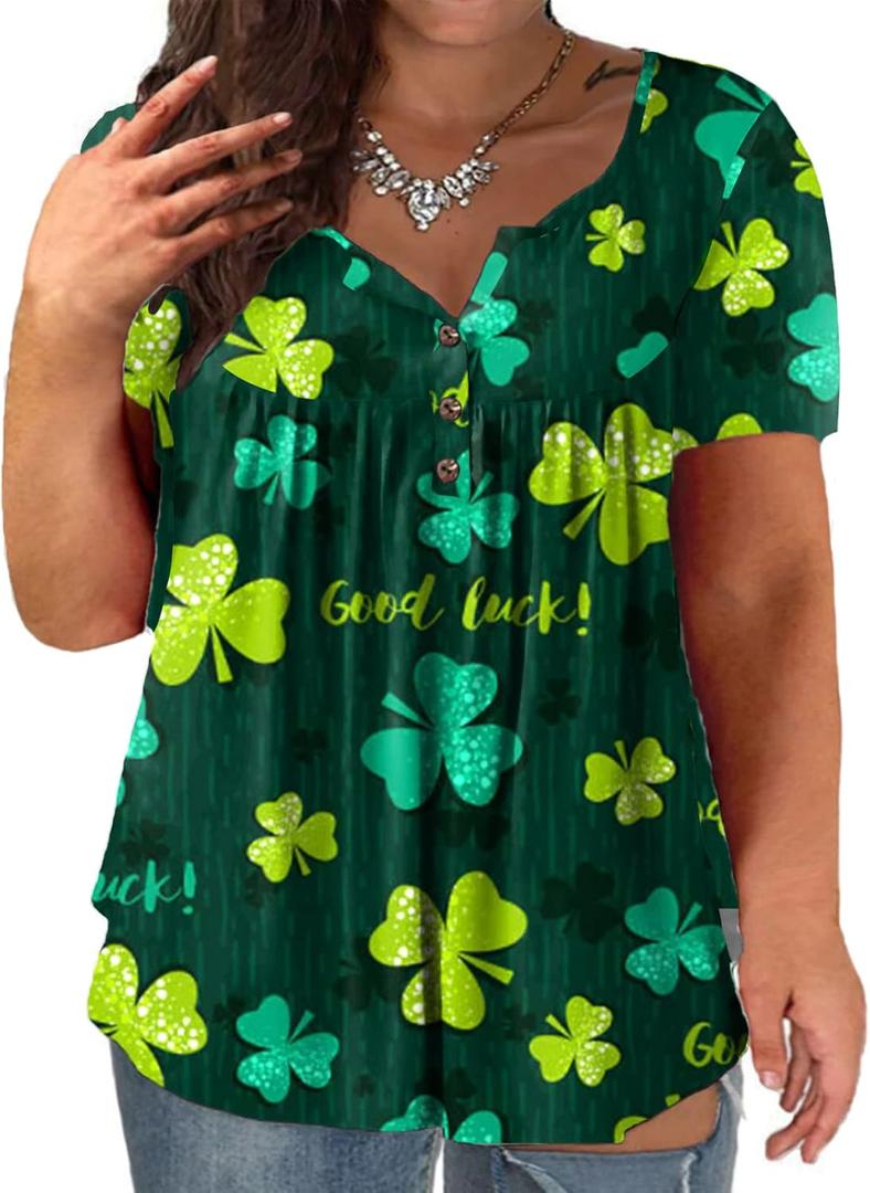 VISLILY Women Plus-Size Tops V Neck T Shirts Casual Summer Tunics Tee (Green_sp012)