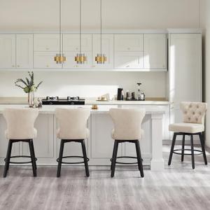 Counter Height Barstools 26 inch Upholstered Button Tufted Swivel Bar Stools with Back and Wood Legs for Kitchen Island,Set of 4,Beige-Nailhead Trim