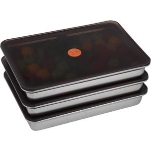 3 Pcs Stainless Steel Food Storage Containers, Stackable Square Dumpling Plate with Clear Lid, Leak-Proof & Space Saving, Ideal for Fridge, Kitchen & Picnic Food Storage