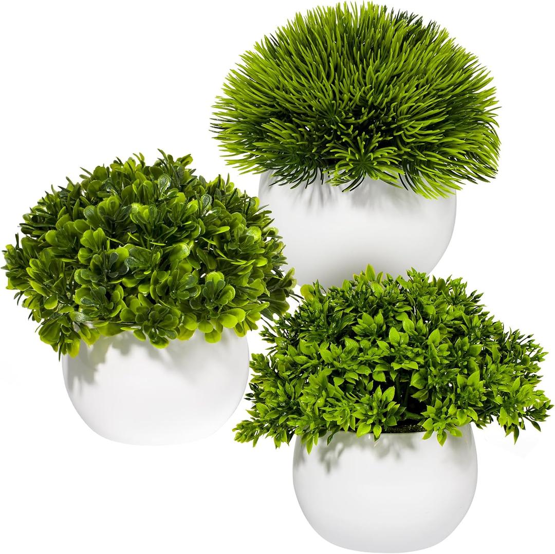 Grand Verde 3-Pack Artificial Potted Plants Mini Faux Greenery in Small White Pots for Home Decor Indoor Office Table