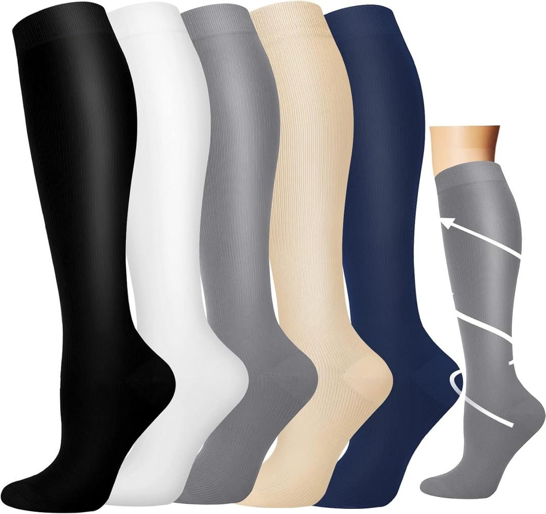 Graduated Compression Socks for Women&Men 20-30mmhg Knee High Socks Travel Hiking Running Stocking (XX-Large-3X-Large, 04-5 Pairs Multi Solid 01)