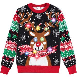 Kids Ugly Christmas Sweater Girls Size 6 Reindeer tracky Xmas Sweaters with led Light-up x-AMS fastive Pullover Jumper 5-6 Years (Black)