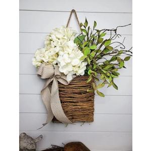 Cream Hydrangea Door Hanger Basket Wreath, Farmhouse Wreath with Wildflowers, Artificial Spring Summer Garland for Front Door, Seasonal Holiday Ornament (D)