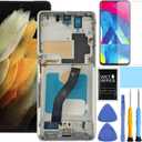 AMOLED for Samsung Galaxy S21 Ultra 5G Screen Replacement with Frame for Samsung S21 Ultra Screen Replacement kit SM-G998u G998a G998w LCD Touch Display digitizer with Tools Silver