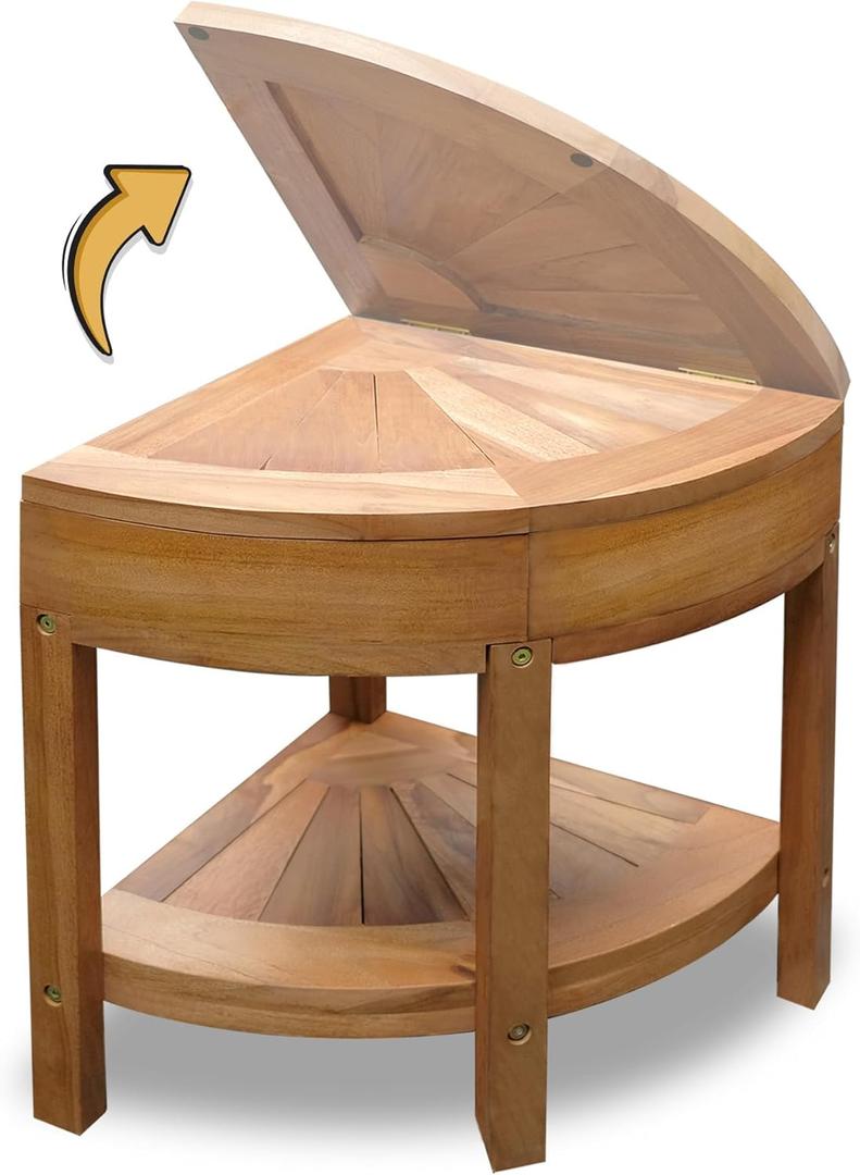 Teak Shower Corner Bench [with Extra Waterproof Storage] 16 inch Wooden Bathroom Bench for Inside Shower to Sit On, Wood Bath Chair, Teakwood Stool (16x16 inches)