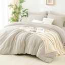 CozyLux Queen Comforter Set Beige - 7 Pieces Striped Seersucker Bed in a Bag, Soft Lightweight Boho Bedding Set with All Season Comforters Queen Size, Sheets, Pillowcases & Shams