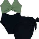 Funnycokid Girls One Piece Swimsuit Color Block Teen Bathing Suit with Pad Cover Up Skirt(7-16Y)