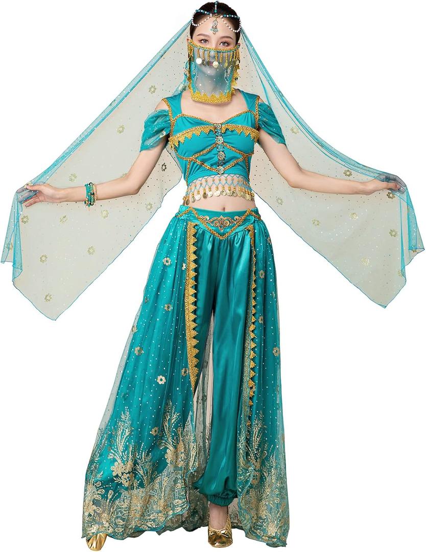 Women's Aladdin Jasmine Princess Dress Up Party Belly Dance Halloween Performance Costumes Cosplay Outfits (Medium, 012-dark Green)