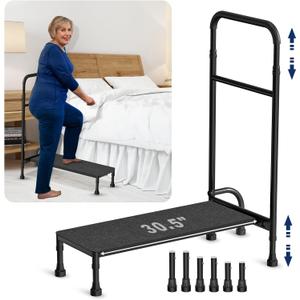 Bed Step Stool with Adjustable Handle for Elderly Adults, 30.5" Long Bedside Step Stools with 5 Leg, Medical Heavy Duty Stepping Stool with Handrails for High Beds, Bedside, Step, SUV, Bathtub