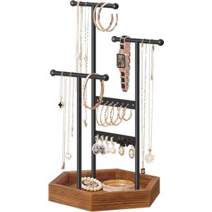 SONGMICS Jewelry Holder, Jewelry Organizer, 3 Tiers and 1 Tray, Jewelry Display Stand with Metal Frame, Necklace Earring Bracelet Holder, for Rings, Ink Black and Caramel Brown UJJS03CB