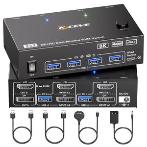 KVM Switch 2 Monitors 2 Computers Displayport HDMI 4K@144Hz, USB3.0 Dual Monitor KVM Switch for 2 Computers Share 2 Monitors and 4 USB Peripherals,Wired Remote 12V Adapter and 2 USB Cable