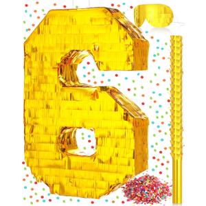 Sratte Piata Birthday Party Decorations Gold Foil Piata with Stick Blindfold Confetti for Boy Girl Birthday Anniversary Celebrations Fiesta Supplies(Number 6)