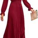 PRETTYGARDEN Women's 2025 Spring Fall Midi Dress Casual Long Sleeve V Neck Swiss Dot Pleated A Line Flowy Dresses (Wine Red)