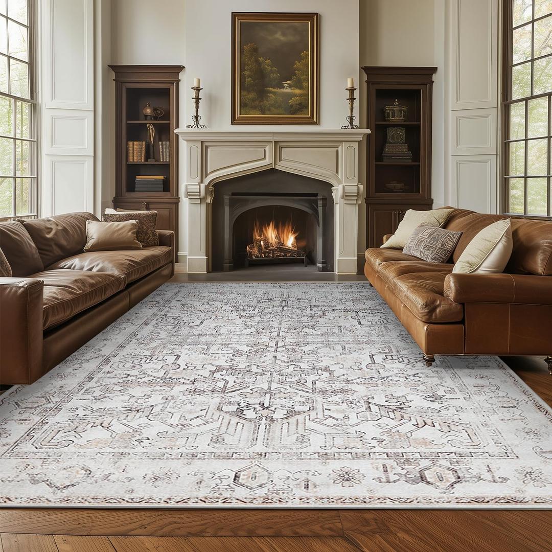 jinchan Lima 6x9 Machine Washable Area Rugs for Living Room - Vintage Floral Stain Resistant Low Pile Ultra-Thin Non Slip Accent Rug for Bedroom Kitchen Dining Room Home Office (6x9ft, Taupe)