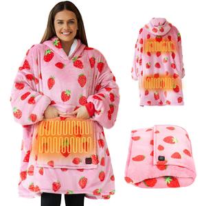 Heated Wearable Blanket Hoodie, 3 Heat Level Oversized Strawberry Blanket Hoodie for Women Without Battery Pack, Cozy Warm Sweatshirt Blanket, USB Heating Hooded Blanket w/Sleeves&Giant Pocket