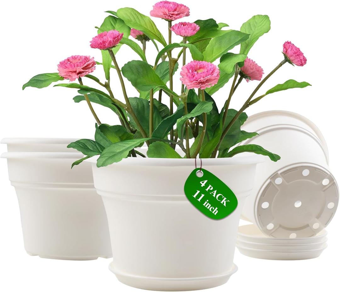 Pottiffe 11 Inch Plastic-Flower-Pot-for-Indoor-Plants, 4 Pack Large Outdoor Planter Pot with Drainage Holes & Saucers, Resin Decorative Garden Pots Planters
