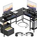 Furologee 59 L Shaped Desk with Power Outlet, Reversible Computer Desk with File Drawer & 2 Monitor Stands, Corner Home Office Table with Storage Shelves for Gaming Writing, Black