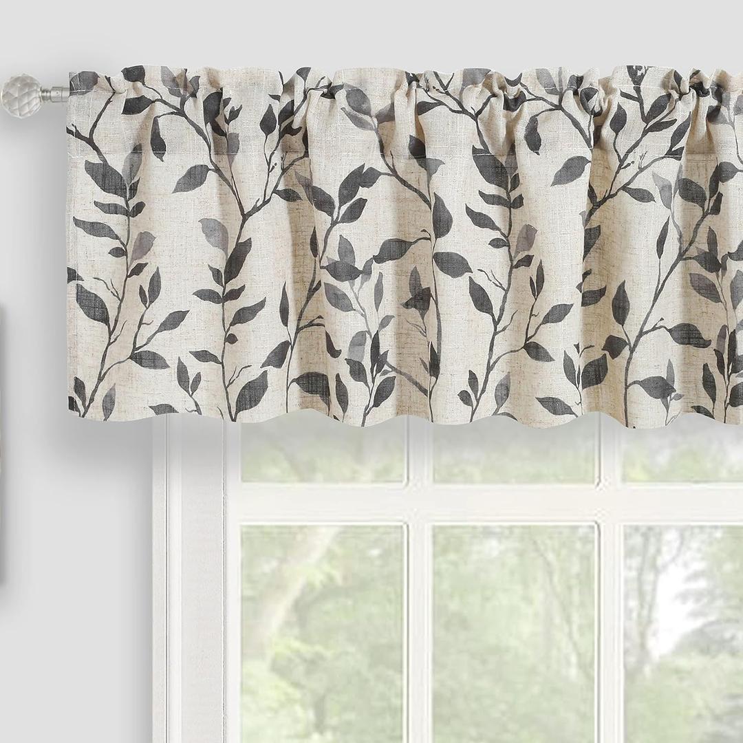 Linen Kitchen Valance, Tree Leaves Printed Window Curtain Valances for Bathroom Bedroom Living Room Farmhouse Decor Rod Pocket Short Cafe Curtains 54 by 14 Inches Gray (Grey)