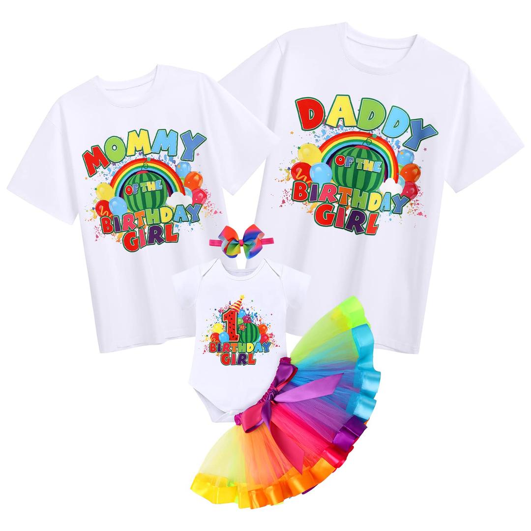 Family Birthday Matching Outfit Baby Girls Dad and Mom Melon Watermelon Cow Print Short Sleeve Round Neck Romper T Shirt Tops Cake Smash Summer Clothes Set for Photo Shoot Watermelon Mom X-Large (XL)
