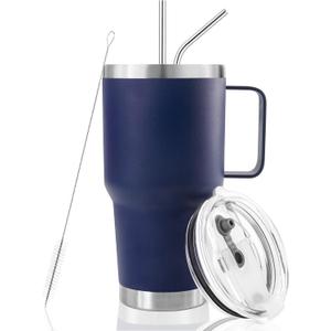 30 oz Tumbler With Handle, Double Wall Stainless Steel Vacuum Insulated Travel Mug with Splash-Proof Lid Metal Straw and Brush (Navy)