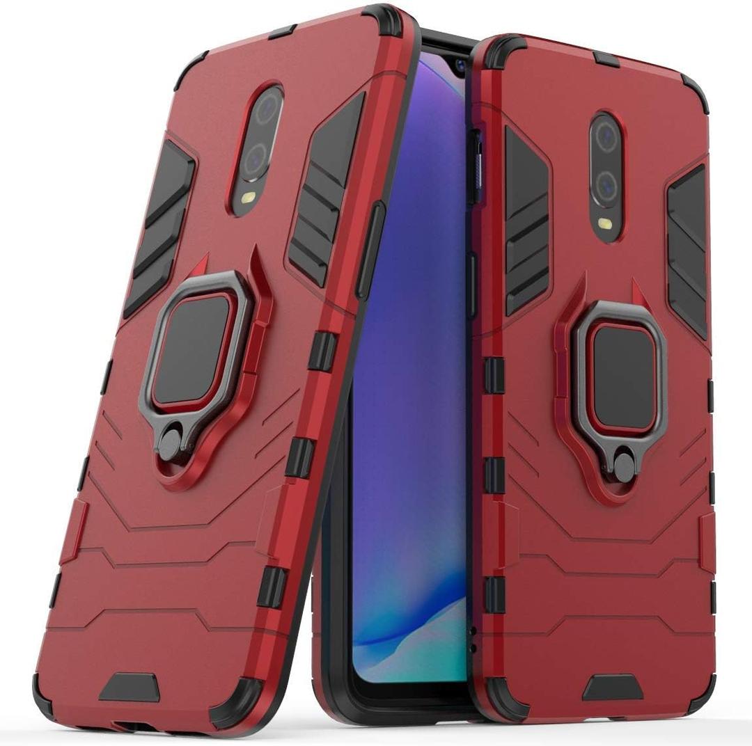 OnePlus 7/6T Case - Metal Ring Grip Kickstand, Shockproof Hard Bumper (Works with Magnetic Car Mount) Dual Layer Rugged Cover (Red)