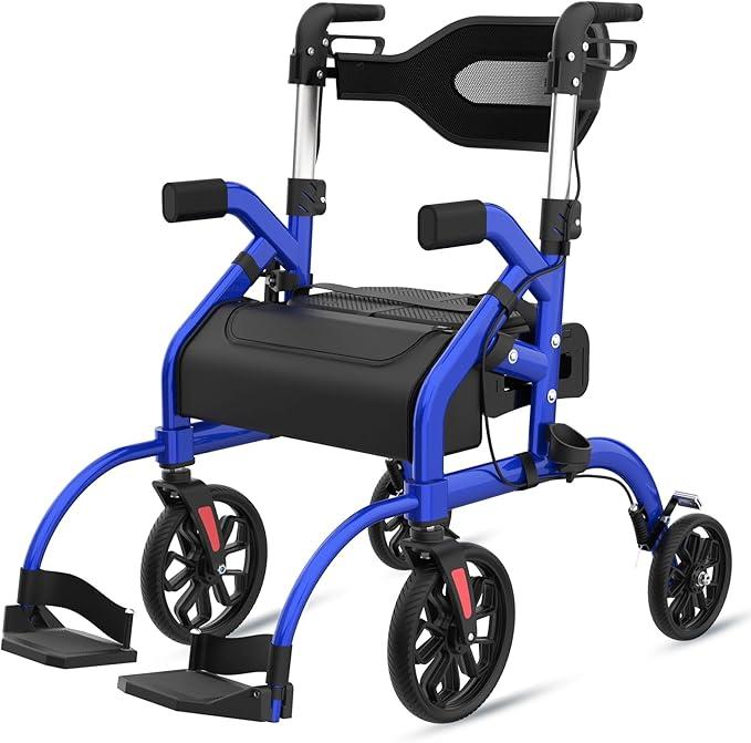 Walkers for Seniors, 2 in 1 Rollator Walker with Seat, 10" Front & 8" Rear Big Wheels, Walker Wheelchair Combo, Foldable Transport Chair, Adjustable Handles Height, 310 Lbs Capacity, Blue