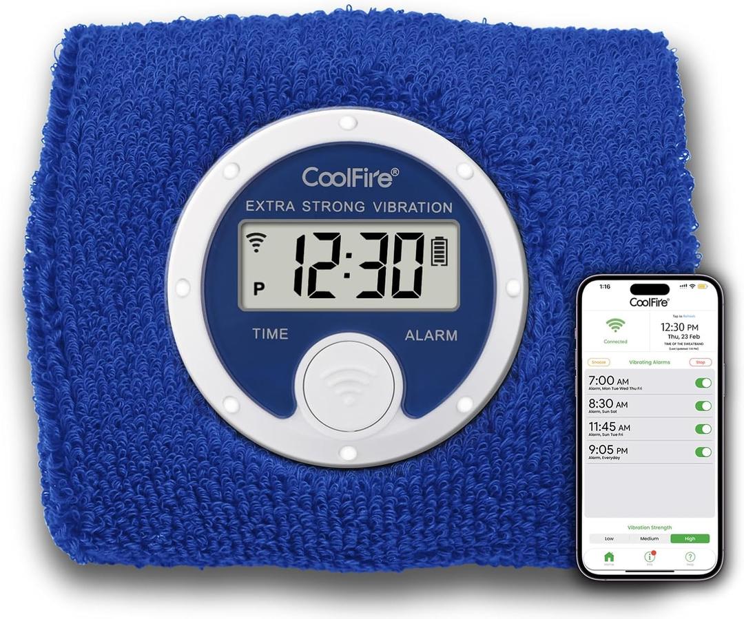 Coolfire Vibrating Alarm Clock Wristband, Silent Wake-Up Watch for Heavy Sleepers, Wont Disturb Partner, Couples/Roommates, Deaf/Hearing Impaired, 4 Alarms, Bluetooth App, Rechargeable (Blue)