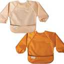 Tiny Twinkle Long Sleeve Bib for Babies & Toddlers | 2-Pack Waterproof Smock Bib for Eating | Machine Washable & Mess-Proof Feeding Essentials | Newborn Shower Gift (Sand Cinnamon, 6–24M)