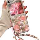 for Samsung Galaxy Z Flip 5 Glitter Bling Case,Cute Luxury 3D Crystal Rhinestone Diamond Flowers Sparkle Stunning Stones Pearl with Wrist Strap Women Girls Case for Galaxy Z Flip 5 5G (Pink)