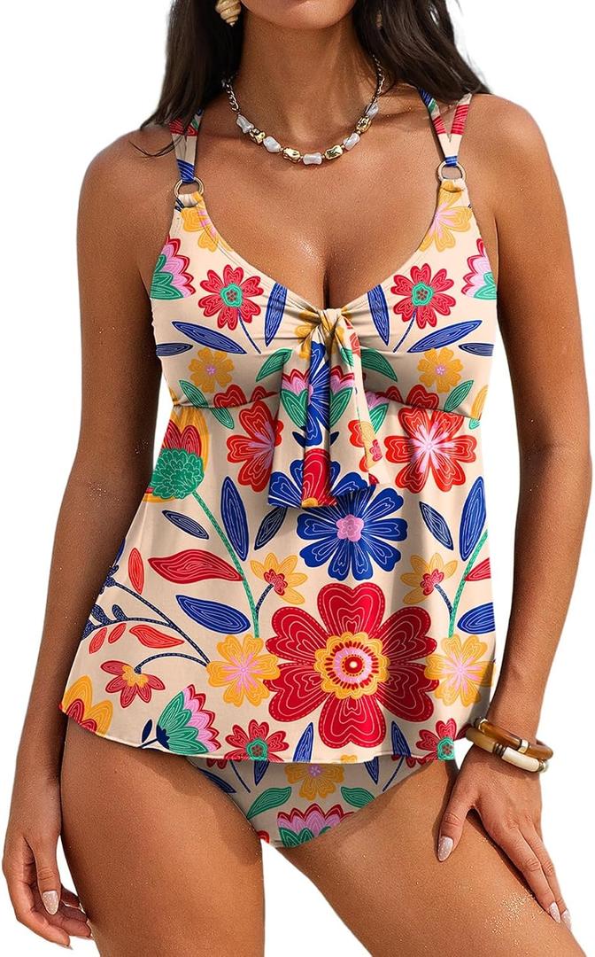 Aleumdr Women's Tankini Swimsuits Tummy Control Two Piece Bathing Suit V Neck Tie Front Flowy Swim Top with Bottom (White, XL)