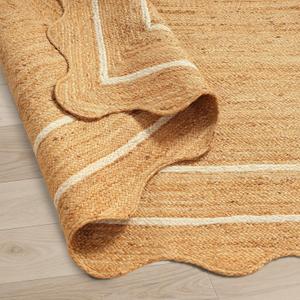 GRUHUM Jute Area Rug 6'x9' ft Wave Scalloped Natural Ivory Border Handwoven Boho Reversible Rustic Vintage Farmhouse Soft Braided EcoFriendly Rug - Indoor Livingroom Bedroom Hallways 6x9 ft Large