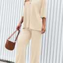 PRETTYGARDEN 2 Piece Lounge Sets for Women Summer 2025 Short Sleeve Tops Wide Leg Pants Matching Travel Outfits Clothing (Beige,X-Small) (XS)