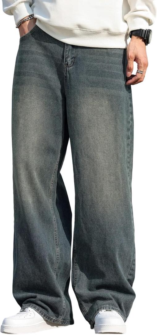 DFGIGT Men's Baggy Hip Hop Jeans Wide Leg Skater Denim Pants Casual Loose Fit Long Trousers Streetwear Straight Relaxed Y2k Classic Vintage Extreme Motion Skateboard Joggers, A14 Retro Blue, Small