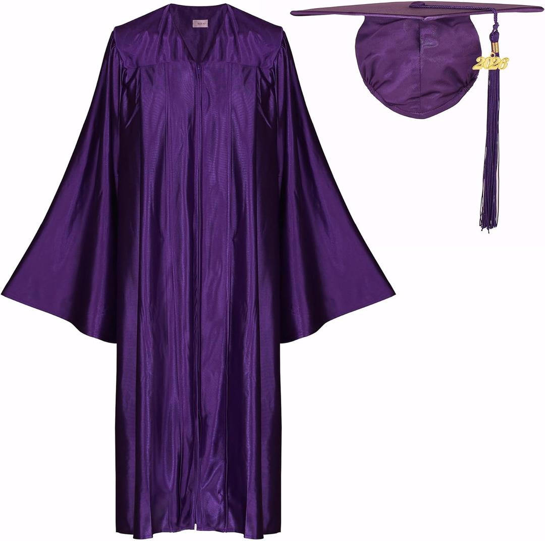Newrara Adult Shiny Graduation Cap and Gown Tassel Set for High School & Bachelor (54, Purple)