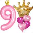 Princess 9th Birthday Party Decorations, 40 inch Large Pink Crown 9 Balloon for Girls’ Princess Royal Birthday Decorations, Party Supplies Favors, Anniversaries(Number 9 Foil Mylar Birthday Balloon)