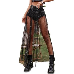 Rave Outfits for Women 2 in 1 Sheer Skirt Festival Clubwear Mesh High Waist Print A Line Maxi Skirt (Medium)