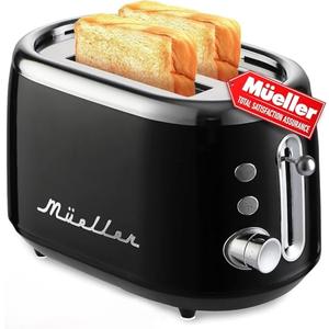 Mueller Retro Toaster 2 Slice with 7 Browning Levels and 3 Functions: Reheat, Defrost & Cancel, Stainless Steel Features, Removable Crumb Tray, Under Base Cord Storage, Black