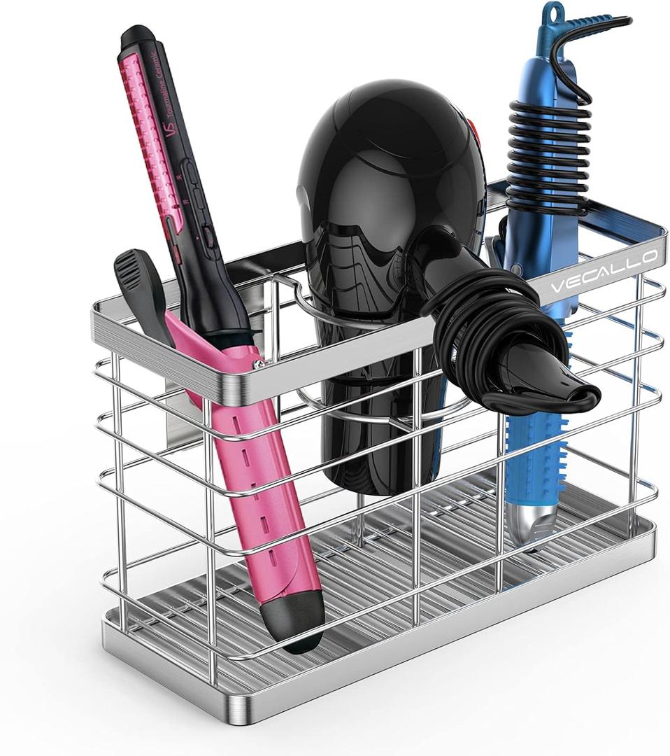 Hair Dryer Holder - Hair Tool Organizer Wall Mount/Adhesive Blow Dryer Holder/Curling iron holder Cabinet Door Bathroom Organizer for Hair Dryer, Curling Wands, Hair Straighteners (Silver)