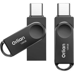 Orlian 2PCS 128GB USB C Flash Drive for Phone, Dual USB 3.0 Phone Thumb Drive Type-C & USB-A, up to 110MB/S Metal Waterproof Swivel Memory Stick for iPhone 15/16/17, Android, Tablet, Computer PC