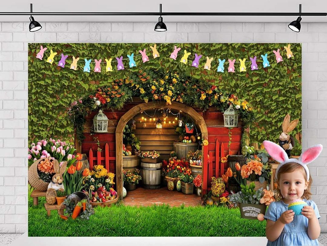 7X5ft Easter Backdrops for Photography Green Easter Background Rabbit Egg Wooden House Photo Booth Props for Home Party Decorations Photoshoot Props (H0102)