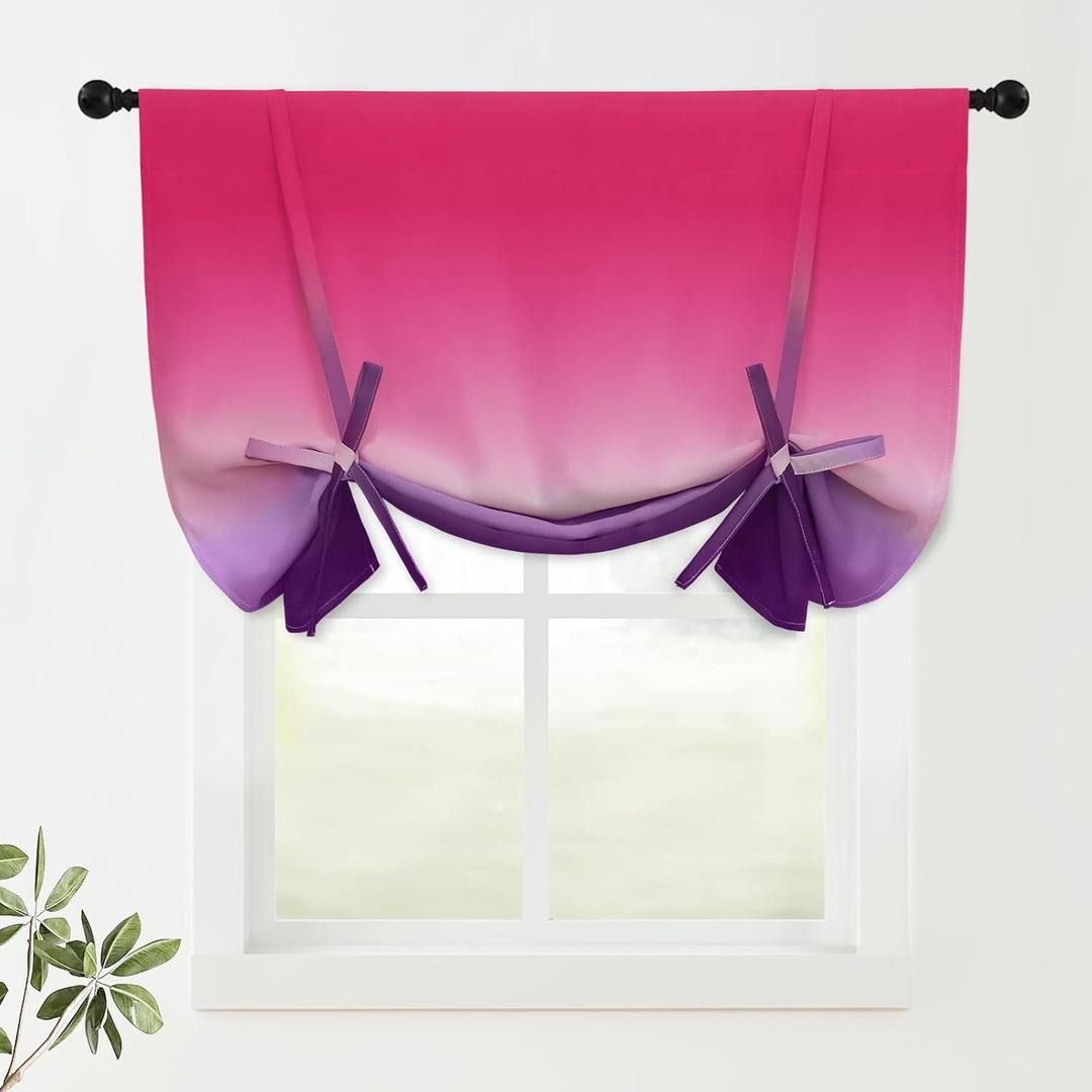 COSVIYA 100% Blackout Purple and Pink Adjustable Tie Up Curtains for Kitchen Thermal Insulated Room Darkening Valance Rod Pocket Balloon Roman Shade for Small Window,48" L x 42" W, 1 Panel