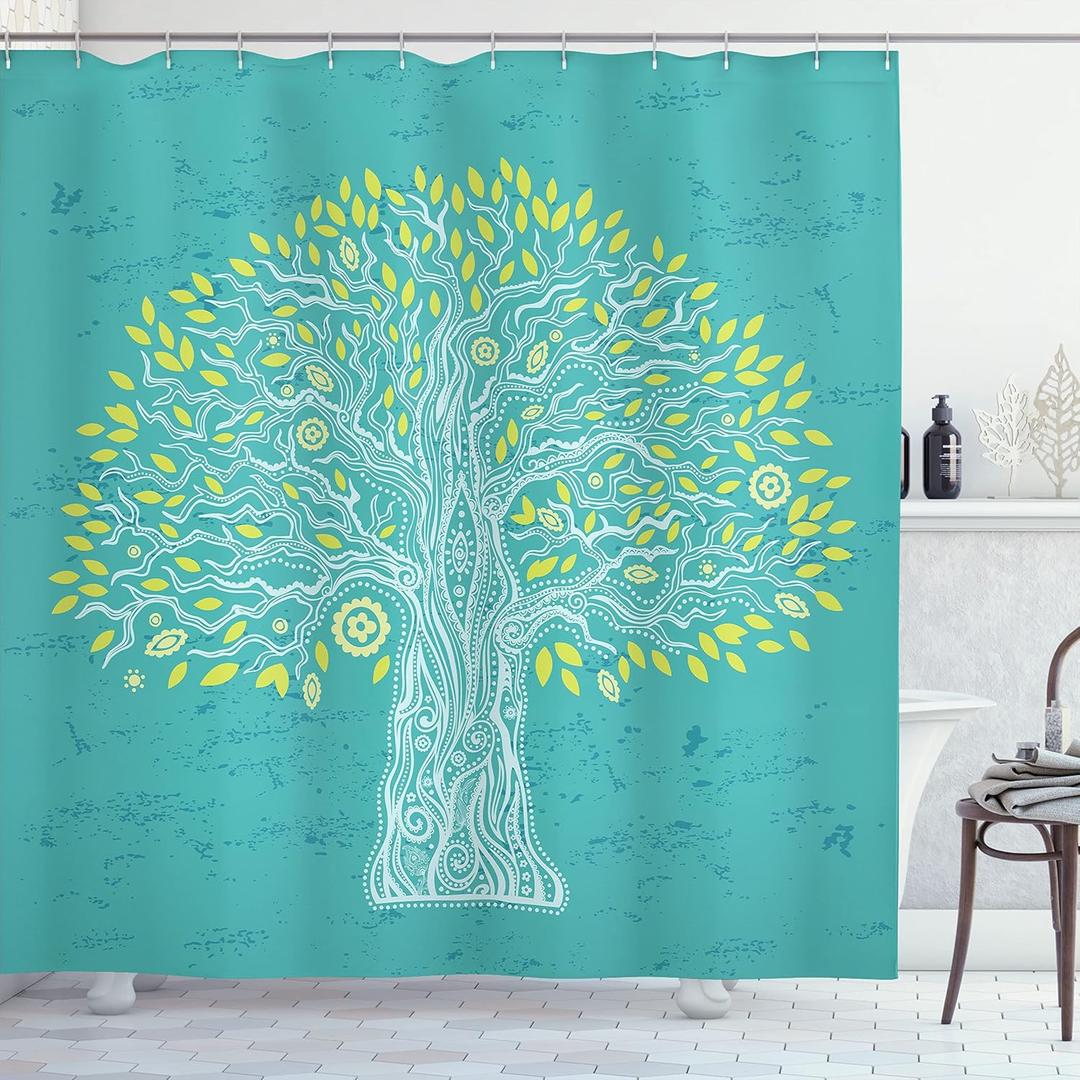 Ambesonne Tree of Life Shower Curtain, Doodle Tree Illustration Oriental Harmonious Design Mother Nature, Cloth Fabric Bathroom Decor Set with Hooks, 69" W x 70" L, Blue and Yellow Green