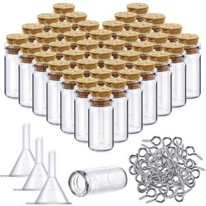 Yungyan 50 Pieces Small Mini Glass Bottles Jars with Cork Stoppers Set, Tiny Cork Glass Bottles with Eye Screws and Small Funnel for Decoration, Art Crafts, DIY Projects, Party Favors(1ml)