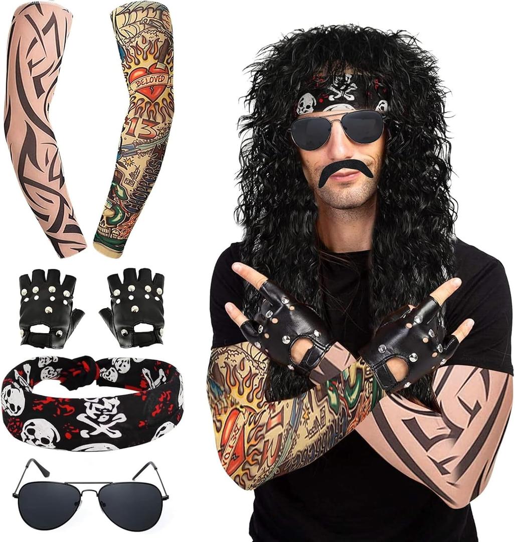 7 Pcs Rocker Costume Men's Wigs Black Curls Disco Men's Party Costume Men with Wigs Sunglasses Beards Sleeves Gloves Headscarves for 70s 80s 90s